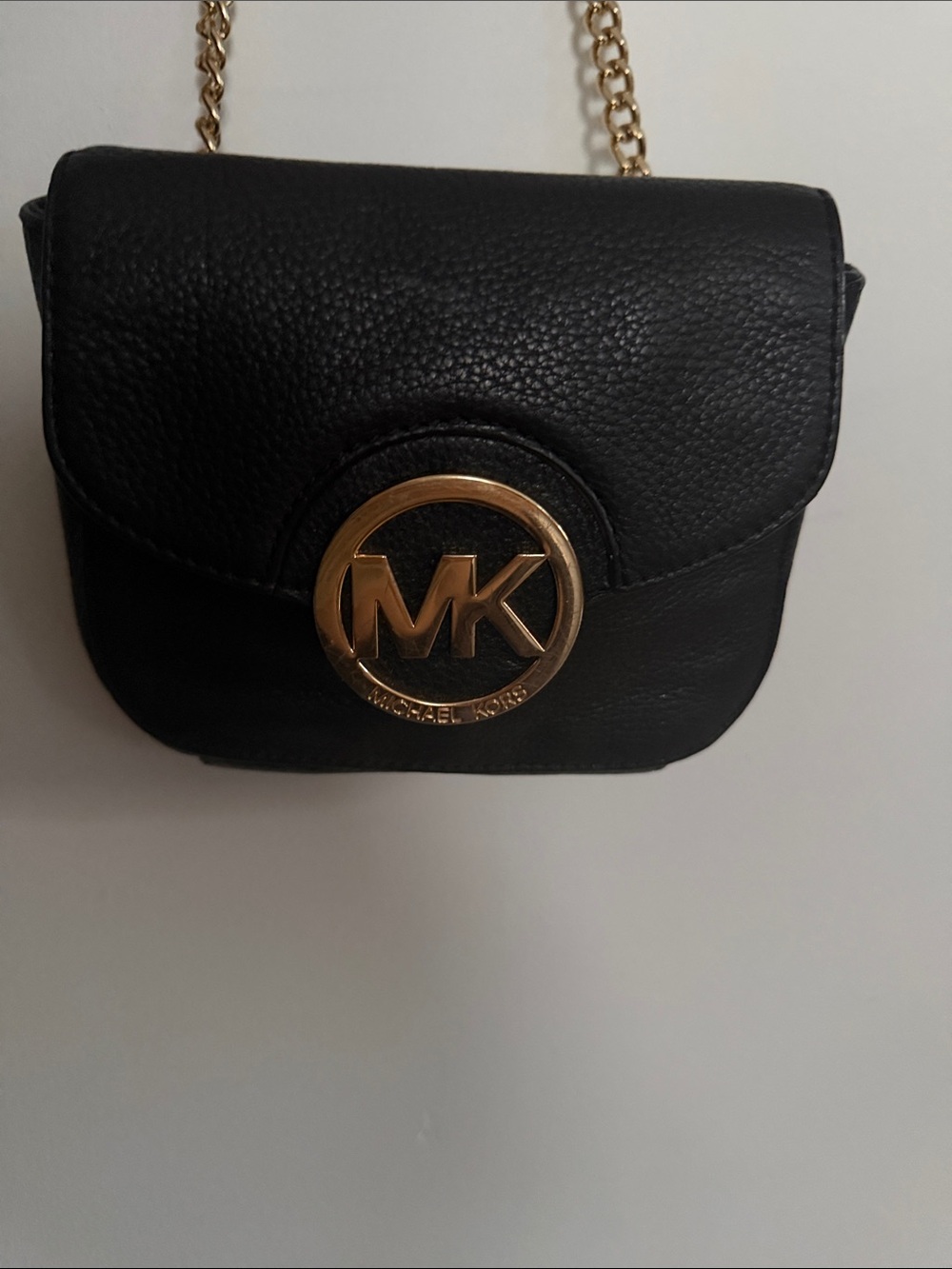 Michael Kors Black Leather Crossbody with Gold MK Medallion